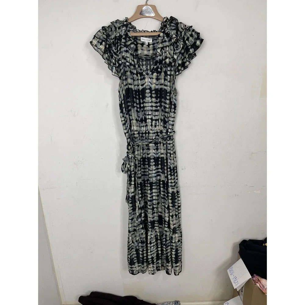 WILA STORY Womens Large L Maxi Dress Black Grey Blue Tie Dye Ruffle Sleeve Belte
